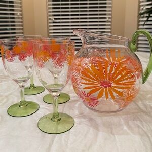 Floral Pitcher and Drink Set - Pink & Orange with (4) Pink Place Mats
